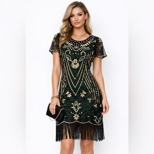 SWEETV Art Deco Sequin Fringe Gatsby Flapper Dress Black, Green and Gold